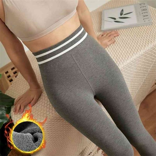 

finetoo winter velvet leggings body slimming cold-resistant woman striped waist legging stretchy comfortable warm fleece pants 210925, Black
