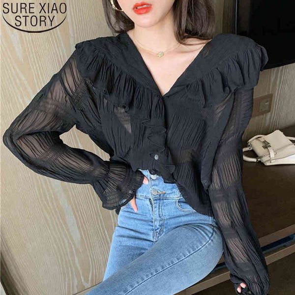 

casual loose v neck puff long sleeve pleated chiffon shirt autumn women blouses fashion cardigan backless blusas 10572 210417, White