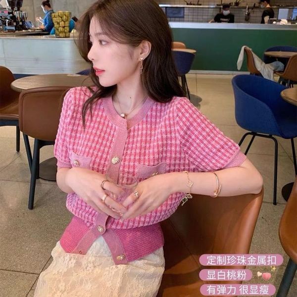 

women's knits & tees pink short sleeve knitted cardigan women 's summer 2021 french gentle coat top, White