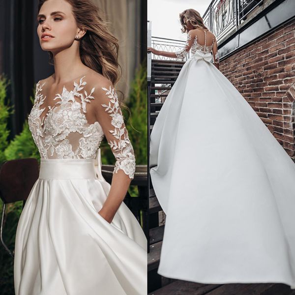 2022 атласная линия свадебное платье BOHO с короткими рукавами лук карманные свадебные платья кружевные аппликации свадебные платья на заказ