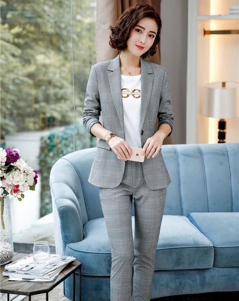 

spring fall long sleeved women pants suits with and blazer coat sets uniform designs female plaid women's two piece, White