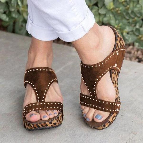 

large size 35-43 light bottom set diamond sandals wild leopard one-piece dress female, Black