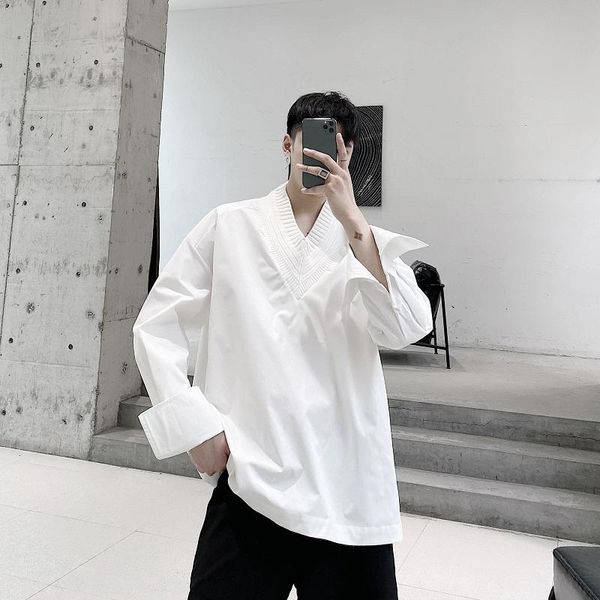 

autumn korean style unique wool big v-neck design shirts men casual loose hedging for men,size -xl men's, White;black