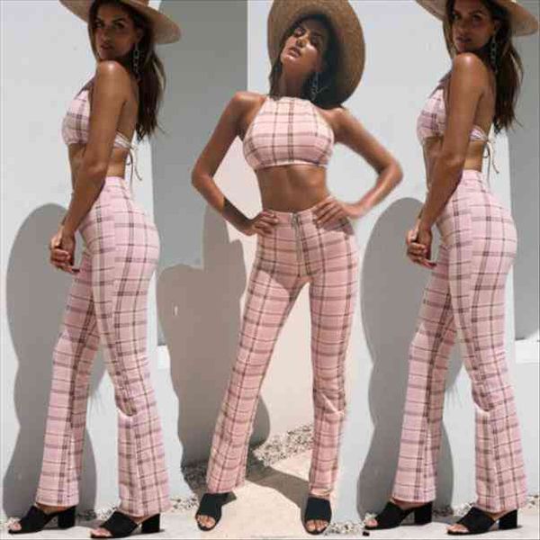 

chiffon long trousers sleeveless womenpant plaid shirt boob tube outfits 2pcs women lady female clubwear playsuit jumpsuit, White