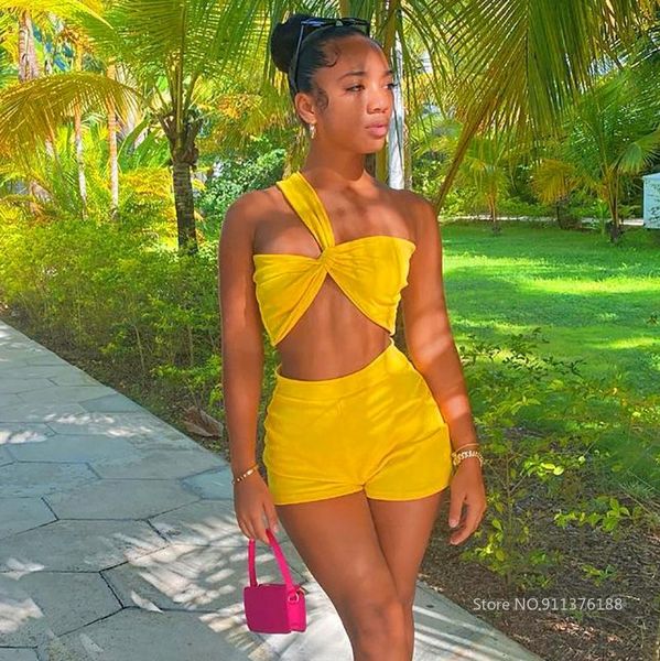 

women's tracksuits bra one shoulder shorts sets asymmetric clubwear strapless tube crop and mini summer clothes 2 pieces outfits, Gray