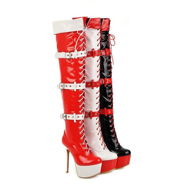 

boots autumn and winter thin heel super high belt buckle cross strap, Black