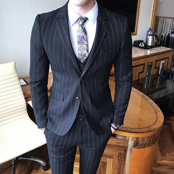 

black navy blue men striped wedding three-piece suit sets formal fashion slim fit business dress suits (blazers+vest+pants) men's & bla, White;black