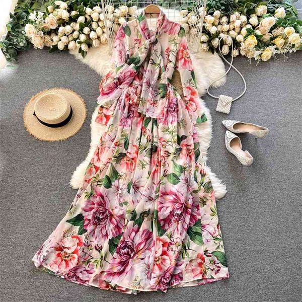 Spring Round Neck Slim Impresso Chiffon Feriado A linha Vestido Mulheres Manga Longa Elegante Roupas Coreano Vestido de Mujer Q789 210527