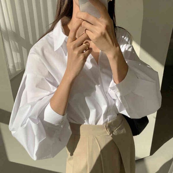 

women's blouses & shirts shengpalae minimalist solid color blouse spring lapel single breasted long sleeve loose shirt female 8p127 9ne, White