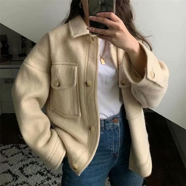 

women's jackets vintage long sleeve pockets female outerwear chic casual overcoat women 2021 fashion loose woolen crop jacket coat stre, Black;brown