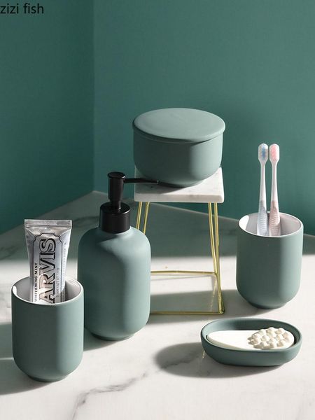

bath accessory set lacquer ceramic bathroom 6pcs/set portable soap dispenser toothbrush holder mouthwash cup solid color suppli