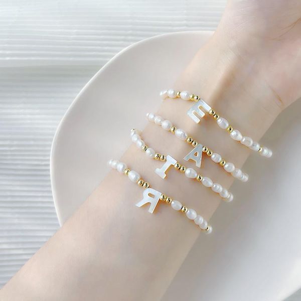 

link, chain aomu 2021 simple fashion personality freshwater pearl letter pendant geometric irregular ot buckle bracelet for women jewelry, Black