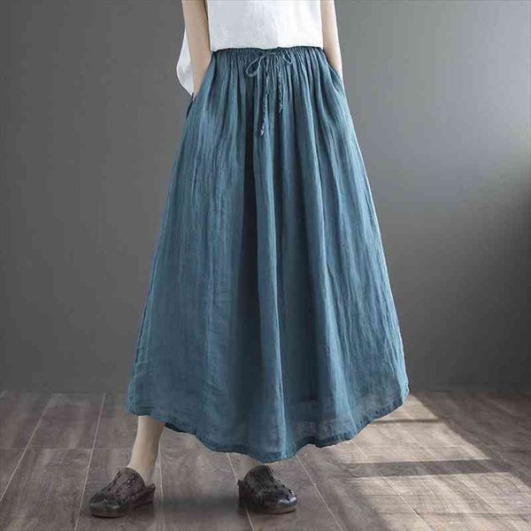 

cotton linen loose comfortable pockets elastic waist drawstring skirt summer leisure all-match women skirt, Black