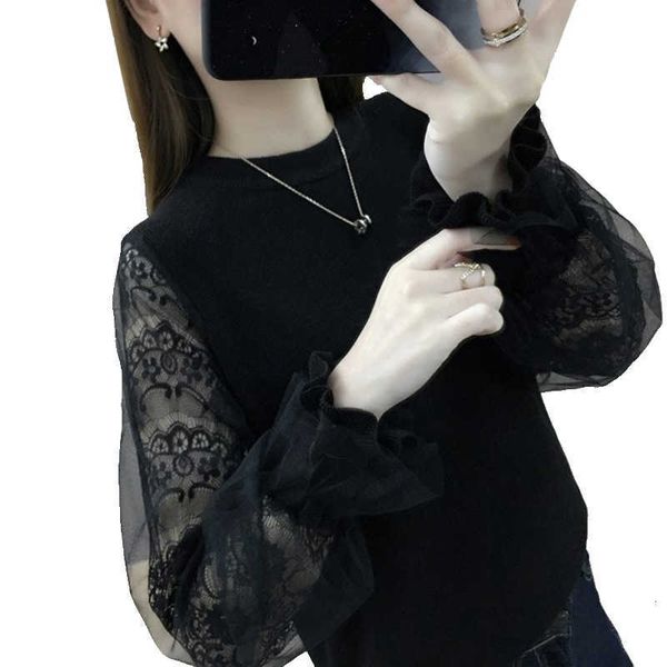 

women's sweaters autumn spring solid pullovers for women knitted casual female long flare sleeve o neck with lace office ladies jumper, White;black