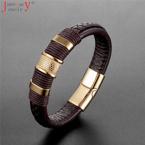 

link, chain 2021 jewelry punk 12 color stainless steel accessories weave genuine leather women bracelet men bangles hombre pulseras, Black