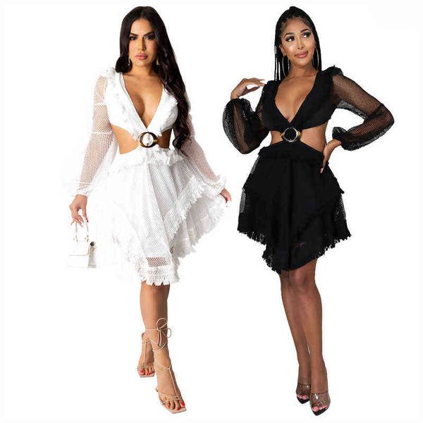 

women plunge v-neck mesh long sleeve ruffle design solid mini dress 211115, Black;gray