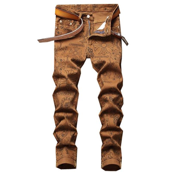 

men's jeans 2021 fashion brand denim coffee slim fit stretch retro vintage style graffiti pants casual trousers, Blue