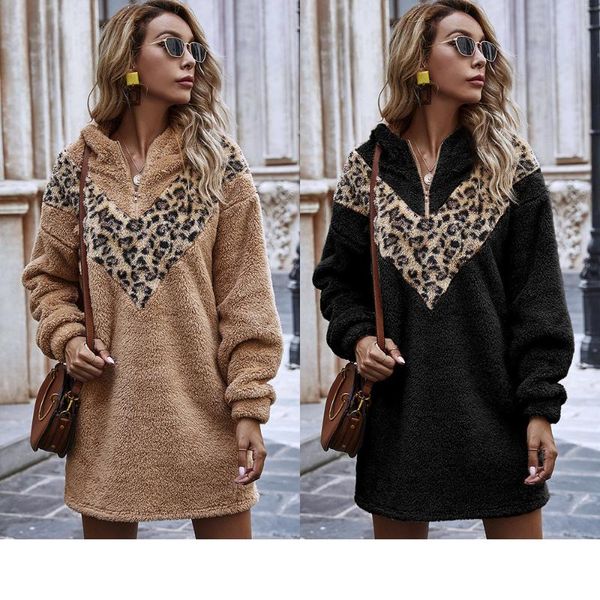 

fashion plush warm casual hooded loose dress o-neck long sleeve leopard print autumn winter mini african clothing ethnic, Red