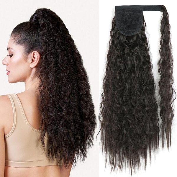 

synthetic wigs corn wavy long ponytail hairpiece wrap clip on hair ombre brown pony tail blonde fack, Black