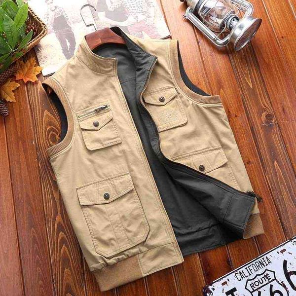 

men's vests autumn fashion vest double side wear cotton sleeveless jacket coat men casual waistcoat with multi big pocket plus siz, Black;white
