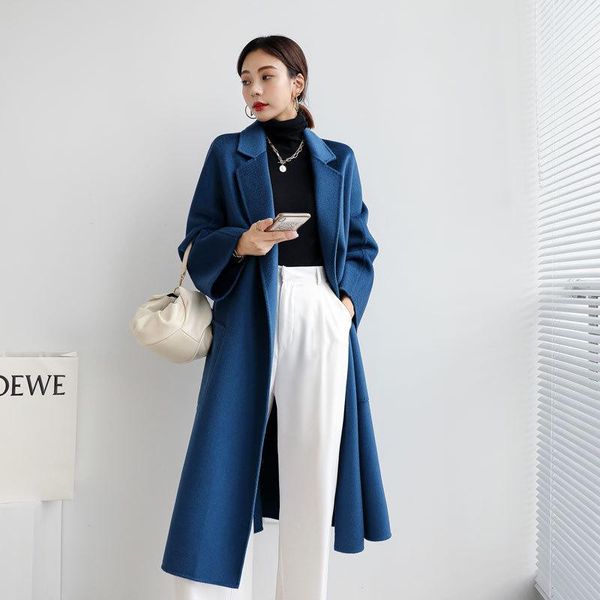 

women's wool & blends 2021 winter classic double sided long loose woolen overcoat women lacing belt bathrobe style water ripple 100% co, Black