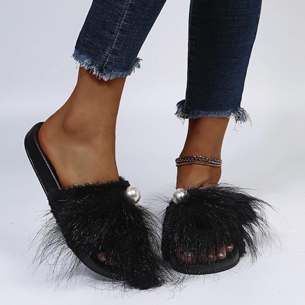 

round toe slippers women 2021 furry slides flat sandals summer shoes woman outdoor slip on flip flops, Black