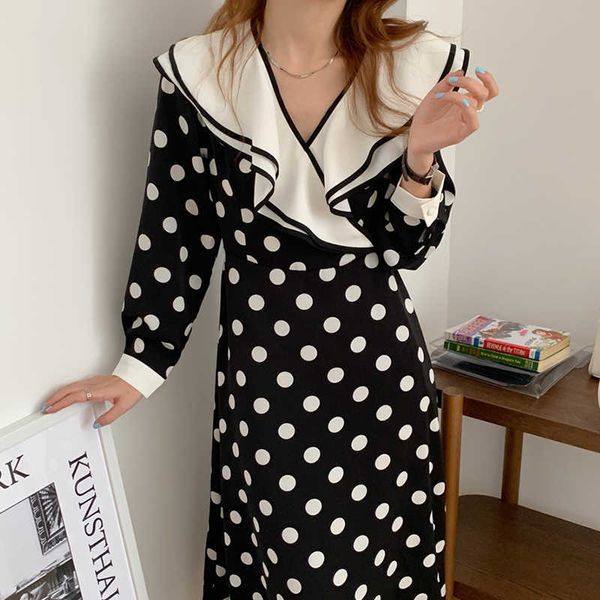 

elegant vintage puff long sleeve high waist stitching contrast double layer polka dot chiffon dress women a line vestido chic 210610, Black;gray
