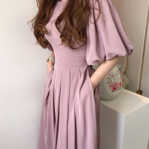 

casual dresses [ewq] 2021 spring female loose round neck solid color long lantern sleeve minimalist over knee lace up pleated dress8y826, Black;gray