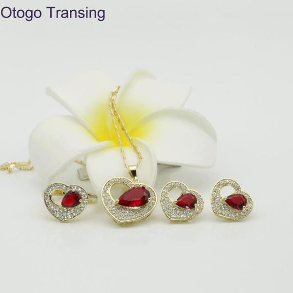 

earrings & necklace otogo transing 925 sterling gold color red crystal heart ring pendant jewelry sets for women made s210, Silver