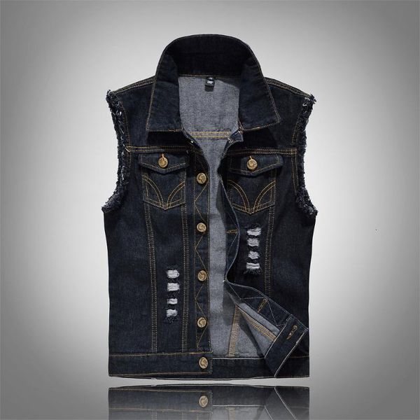 

men's vests motorcycle black ripped denim vest jacket men korean style slim fit fashion jeans waistcoat large size 6xl street rock masc, Black;white