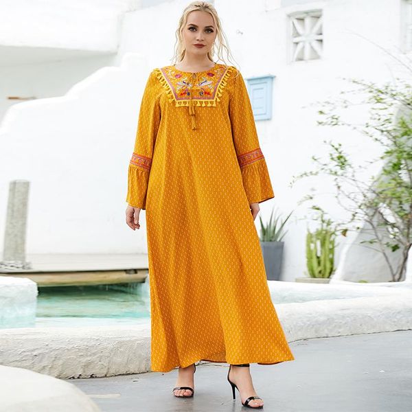 

ethnic clothing plus size cross-border spring and autumn women embroidery trumpet long-sleeved dot printing dress long skirt, Red