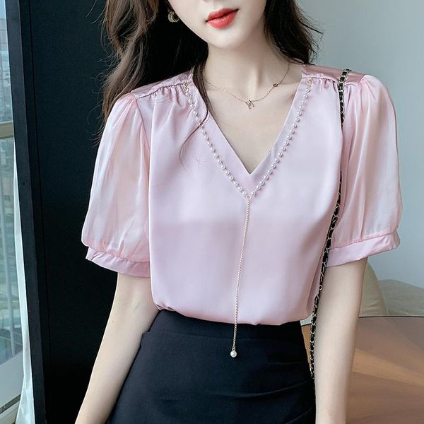 

women's blouses & shirts v neck short sleeve chiffon shirt 2021 summer loose pearl beading chain blouse plus size pink office ladies, White