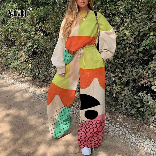 

vgh print hit color two piece set for women o neck long sleeve high waist pants loose sets female fashion new spring 210421, White