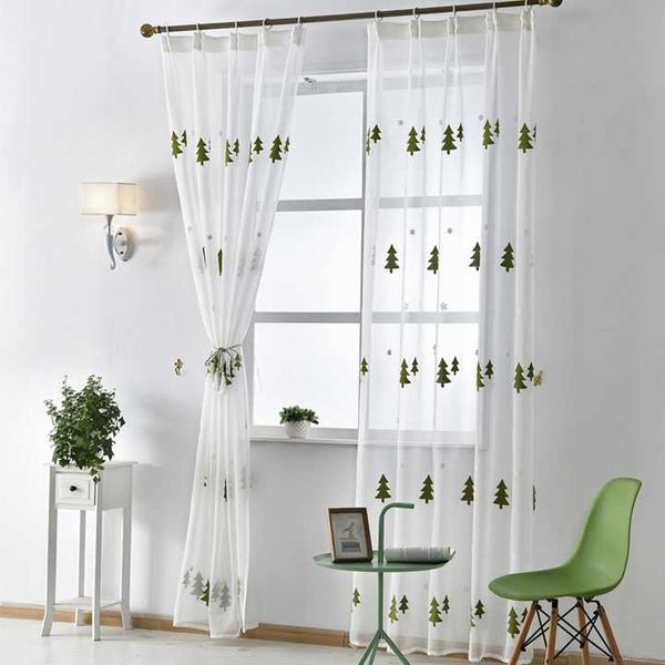 

100%polyester christmas tree embroidered tulle linen curtains white modern window drapes voile living room sheer fabrics curtain