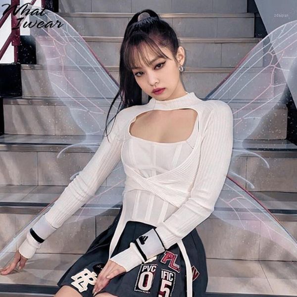 

hollow out casual knit pullover shirt vest two pieces woman chic crop korean style streetwear basic clothing kpop women's blouses & shi, White