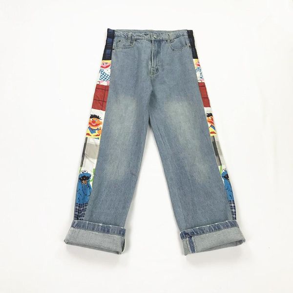 

men casual solid straight jeans pants 2021 mens side striped streetwear wide leg denim male fashion men's, Blue
