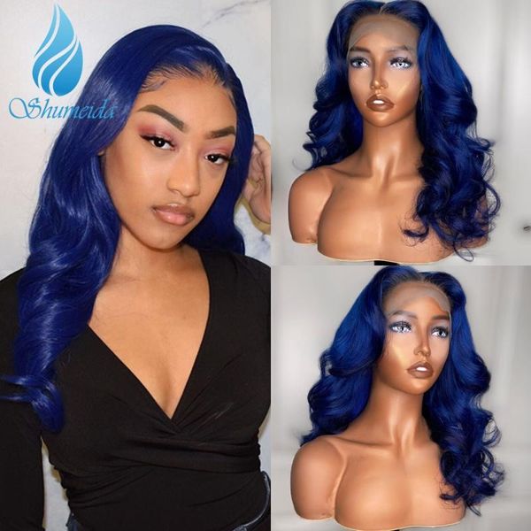 

13*6 lace front wigs blue color pre plucked hairline peruvian body wave remy human hair for women 180% density, Black;brown