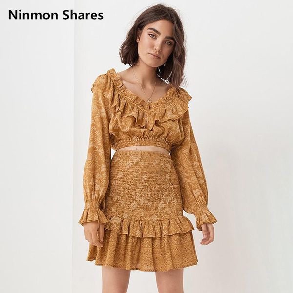 

two piece dress 2021 women spring summer boho ruffle off shoulder shirt skirt set girl floral print outfit crop top, White