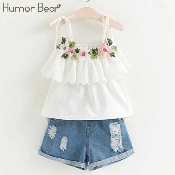 

humor bear new summer fashion style girls clothing sets embroidery design t-shirt+ jeans children clothes kids clothes sets x0902, White