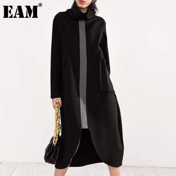 

[eam] women black pocket big size midi dress turtleneck long sleeve loose fit fashion tide spring autumn 2021 1z30901 casual dresses, Black;gray