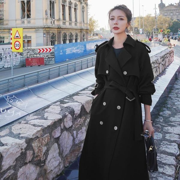 

women's trench coats brand fashion long double breasted women with belt lady duster coat female cloak outerwear black blue burgundy 0yf, Tan;black