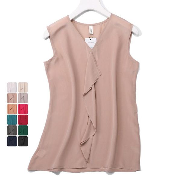 

women's blouses & shirts woman summer natural silk blouse sleeveless v neck office wear real ruffles casual shirt for women, White
