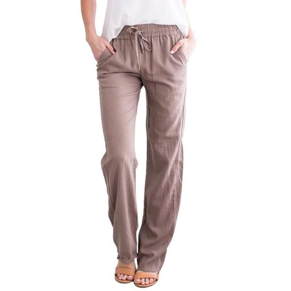 

women's pants & capris 2021 autumn woman casual cotton and linen solid drawstring elastic waist long straight trousers home femme panta, Black;white