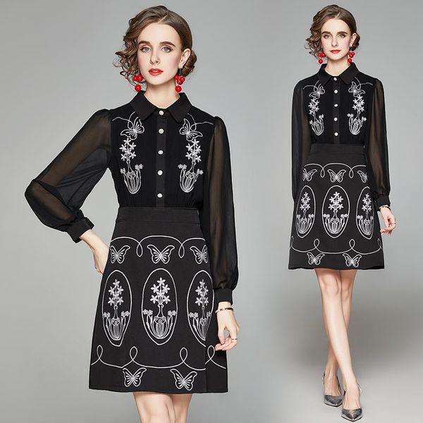 

women autumn luxury embroidery dress shirt vintage office party robe femme designer black a-line vestidos casual dresses, Black;gray