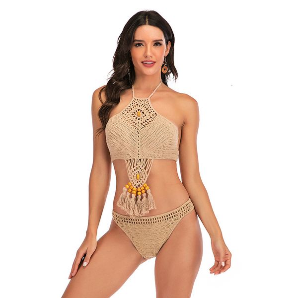 

2021 women's knitted backless bikini fringe split size swimsuit, White;black