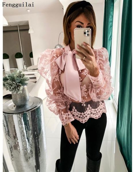 

women's blouses & shirts summer temperament perspective women lace shirt flower embroidery puff sleevel bow neck female white