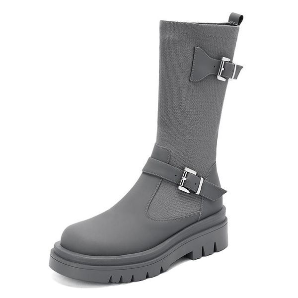 

boots winter knitting shoes women mid-calf round toe metal buckle warm comfort footies platform weman female grey black 43