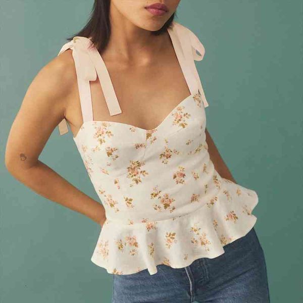 

vintage floral print crop sweetheart neck ruffle hem elegant peplum sleeveless tie strap summer women, White