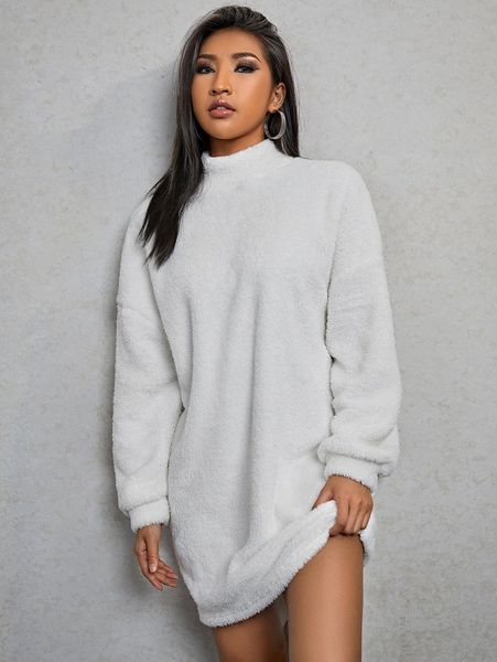 

solid drop shoulder flannel sweatshirt dress h12b#, White;black