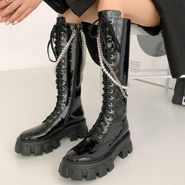 

boots lucyever 2021 british style platform knight women pearls chain patent leather knee high woman black motorcycle botas